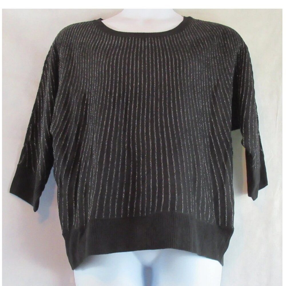Charter Club Plus Size Metallic 3/4 Sleeve Pullover Sweater, Black Metallic, 1X